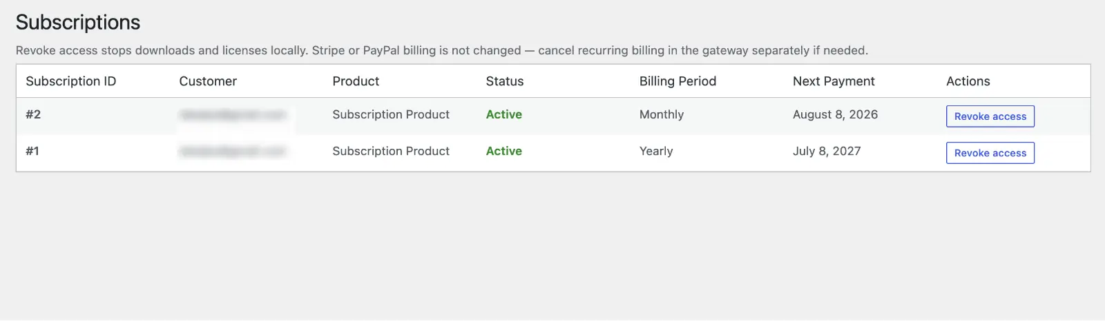 Avenia Digital Products - Admin Subscriptions Screen