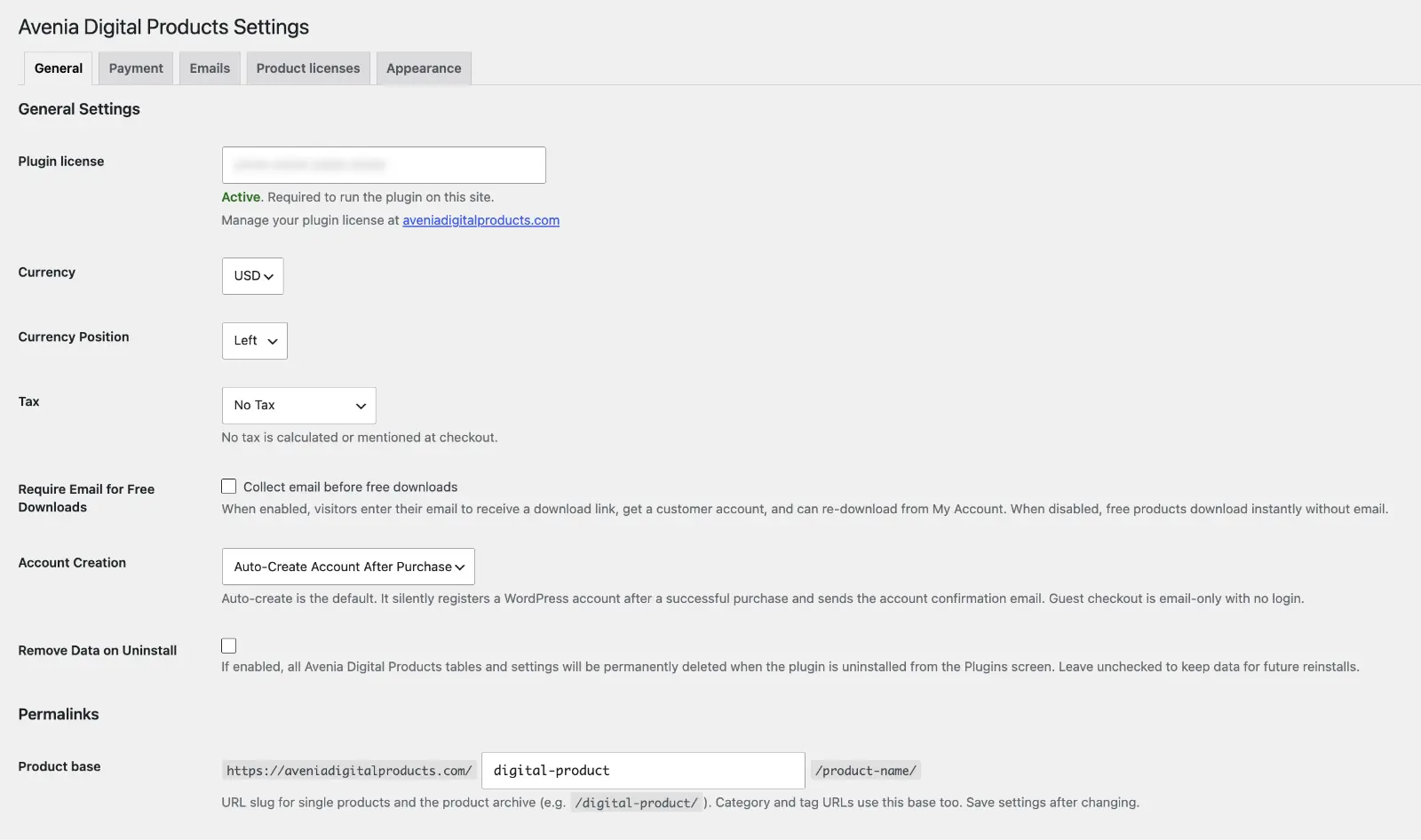 Avenia Digital Products General Settings