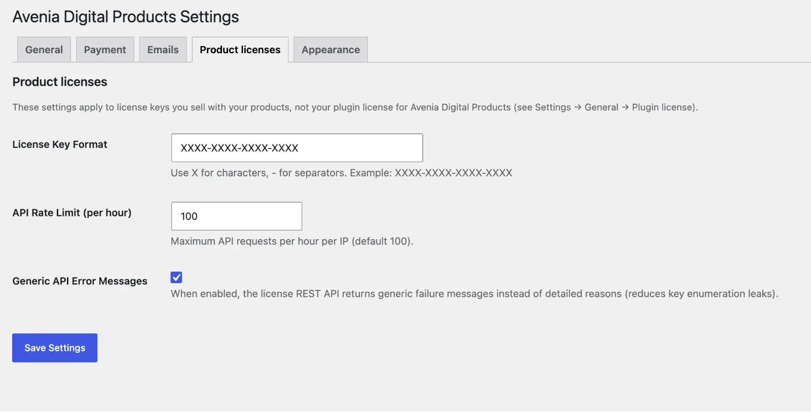 Avenia Digital Products - License Settings