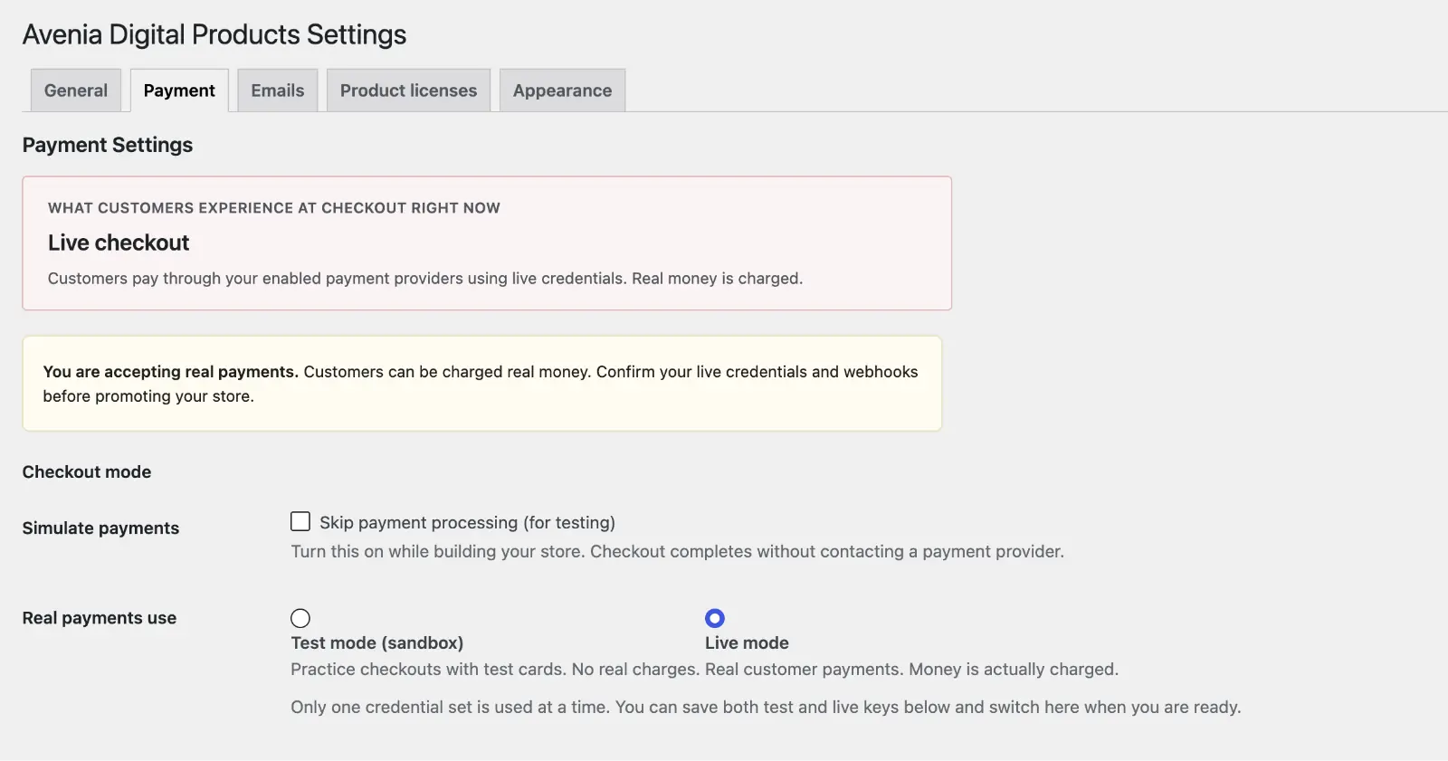 Avenia Digital Products Payment Settings