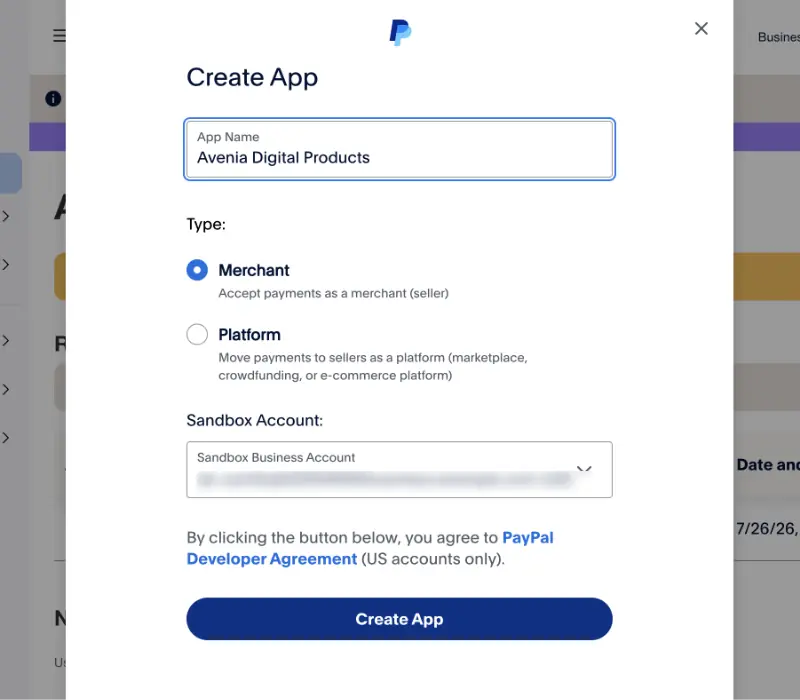 Create an App in Paypal