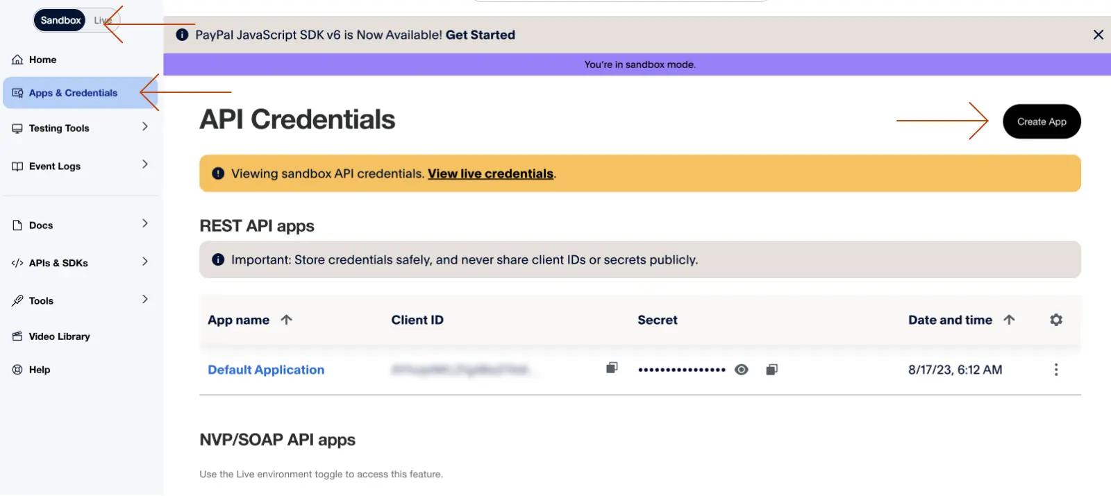 Paypal API Credentials in Sandbox