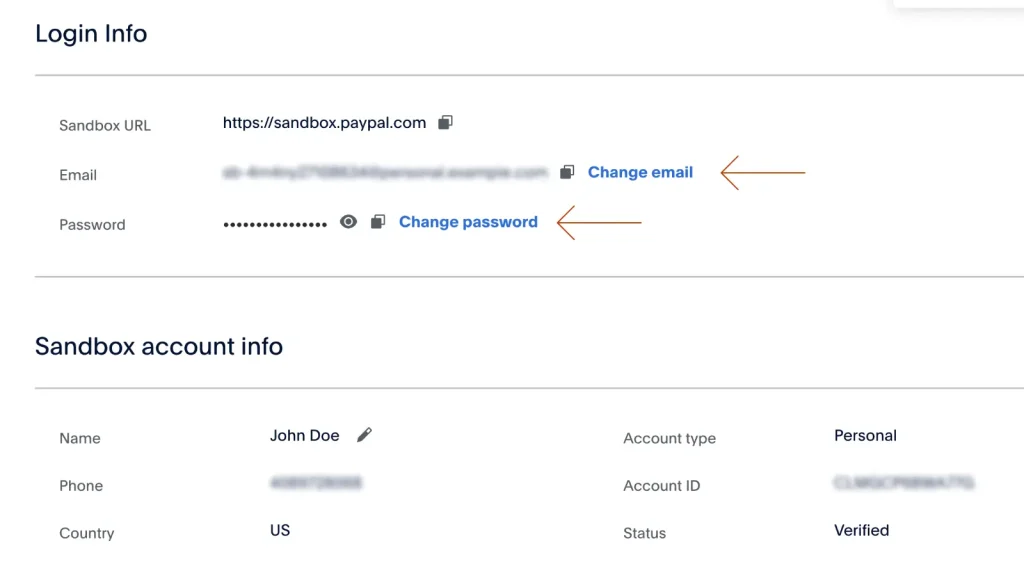 PayPal Sandbox user test account credentials, use to make a test purchase
