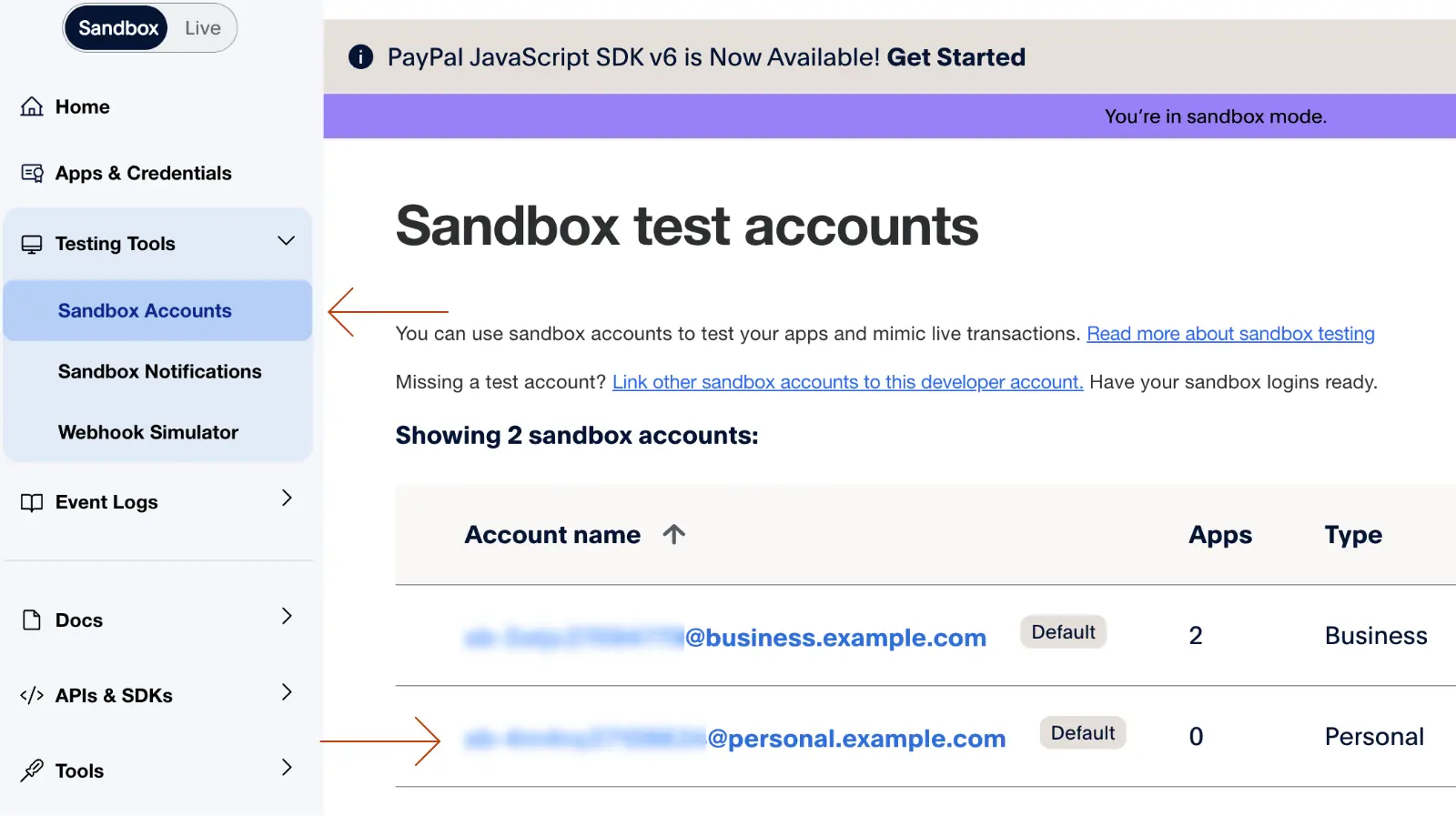 PayPal Sandbox user test accounts