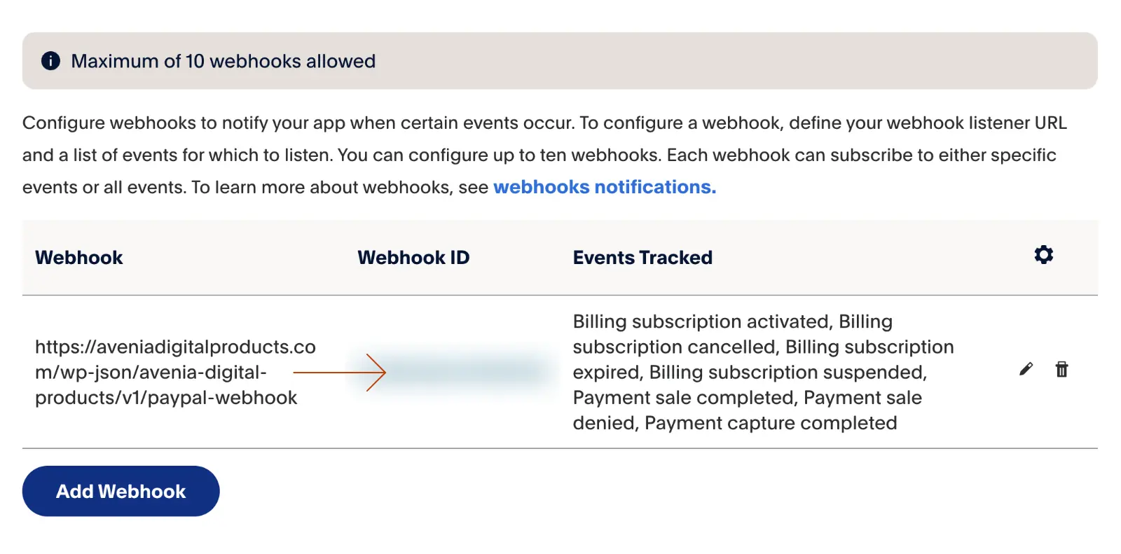 Register webhook in PayPal